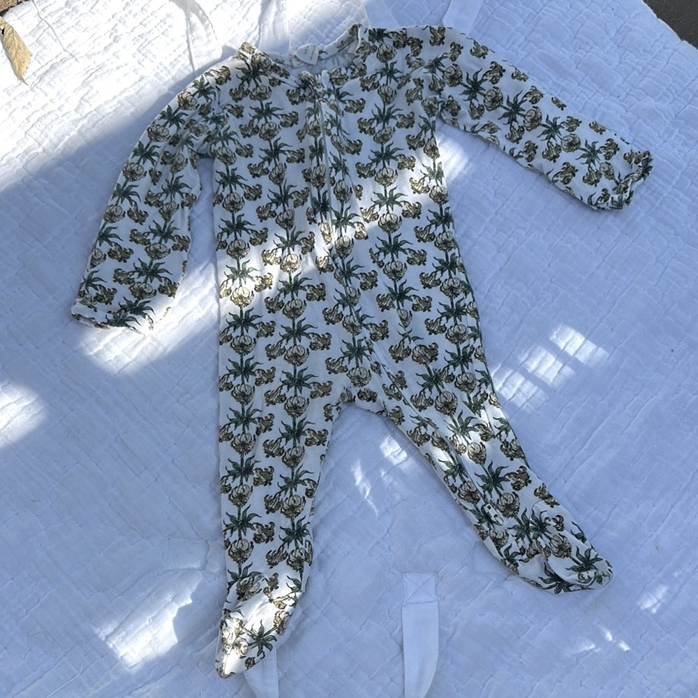 Kate Quinn Cream and Green Floral Footies One Piece